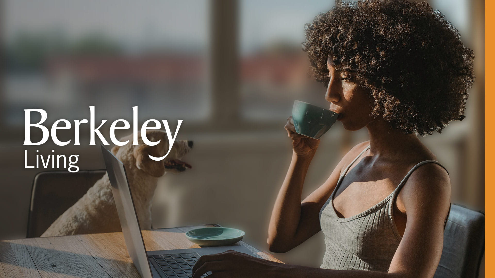 An image of a woman working remotely with the Berkeley Living logo overlaid