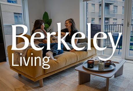 Berkeley Living logo overlaying an image of people relaxing in their new home