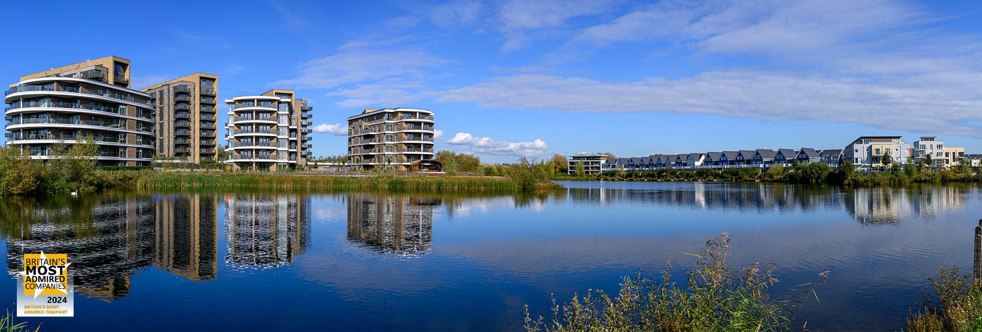 An exterior image of Bankside Gardens with views of the lake
