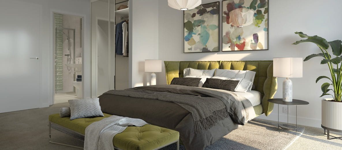 An example bedroom at a Berkeley Group apartment in Watford, featuring a fitted wardrobe and door leading to an en-suite