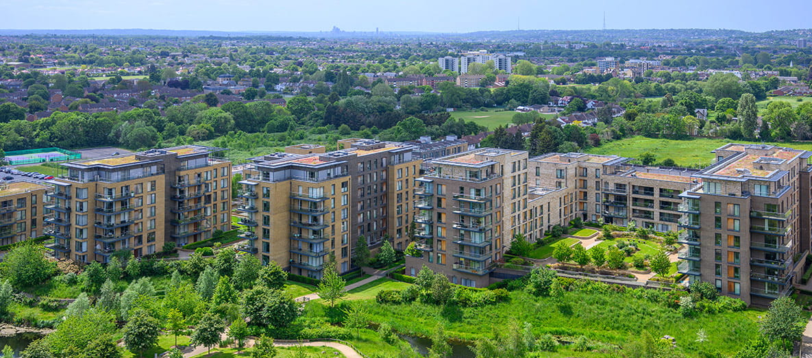 Exterior shot of Kidbrooke Village and it's green open spaces