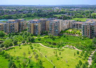 Exterior shot of Kidbrooke Village and it's green open spaces