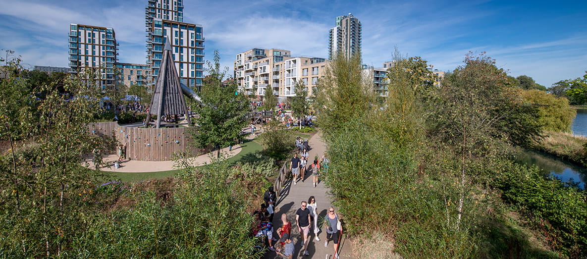 Wide shot of Woodberry Down with it's public parkland