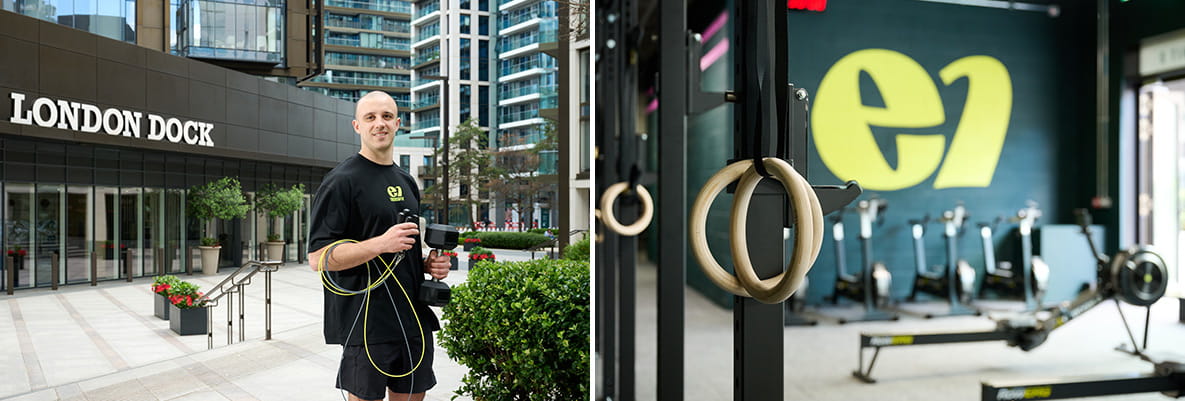A montage image of a trainer opening the E1 Crossfit Gym at London Dock