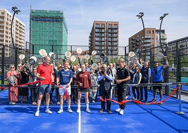 An image of a bunch of people celebrating the opening of the Padel Courts