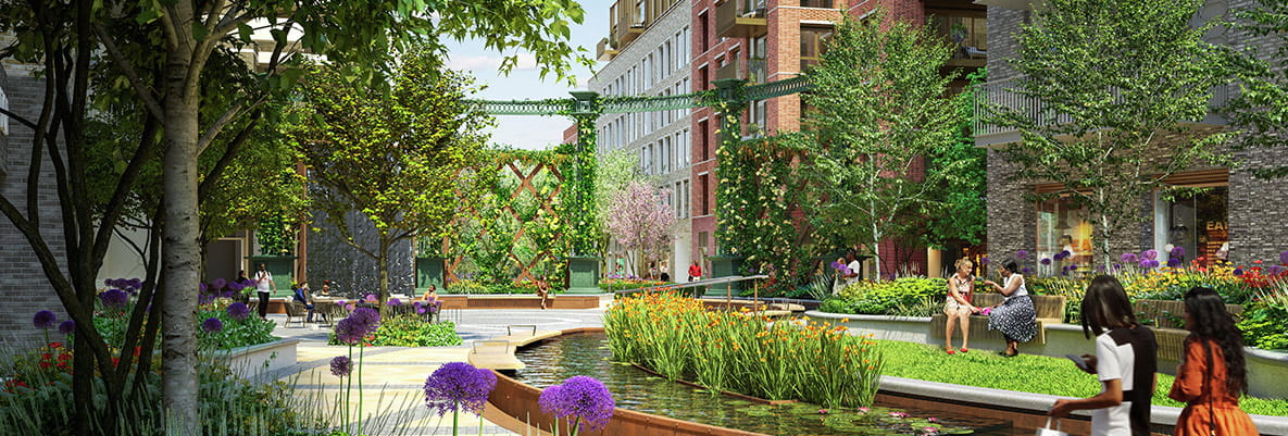 An image of residents at Oval Village enjoying the beautiful open space outside the development