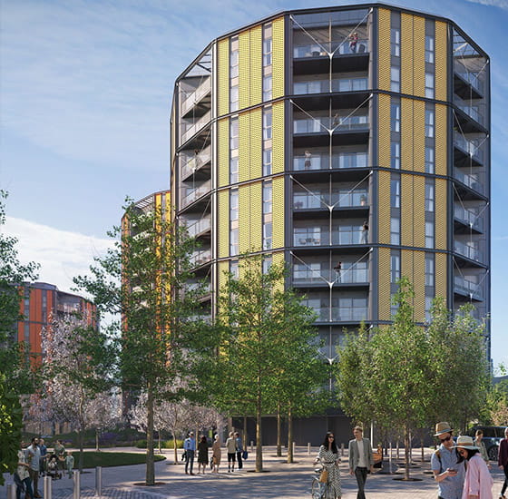 An exterior CGI of Yellow Building at Regents View