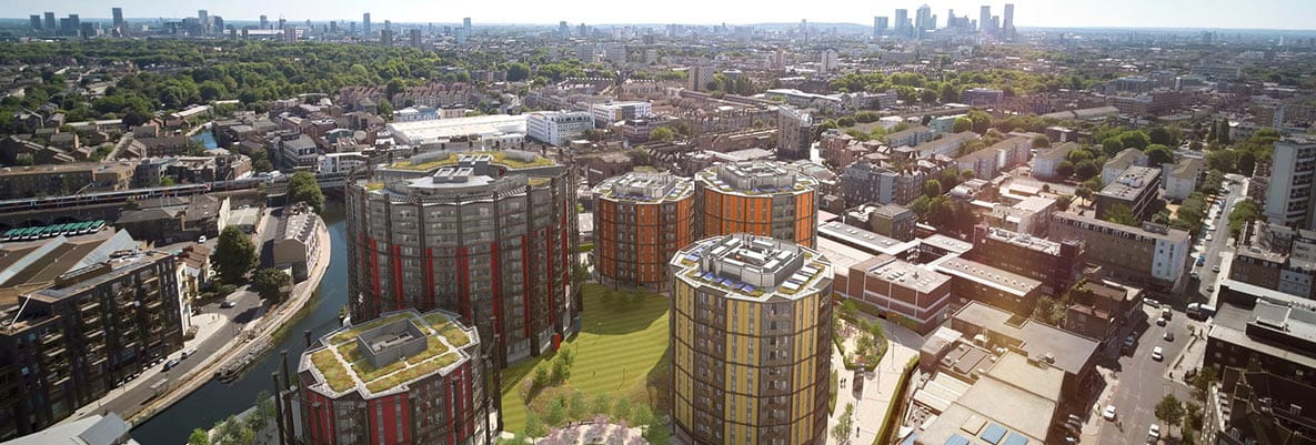 An aerial CGI of Regents View showing the area of London
