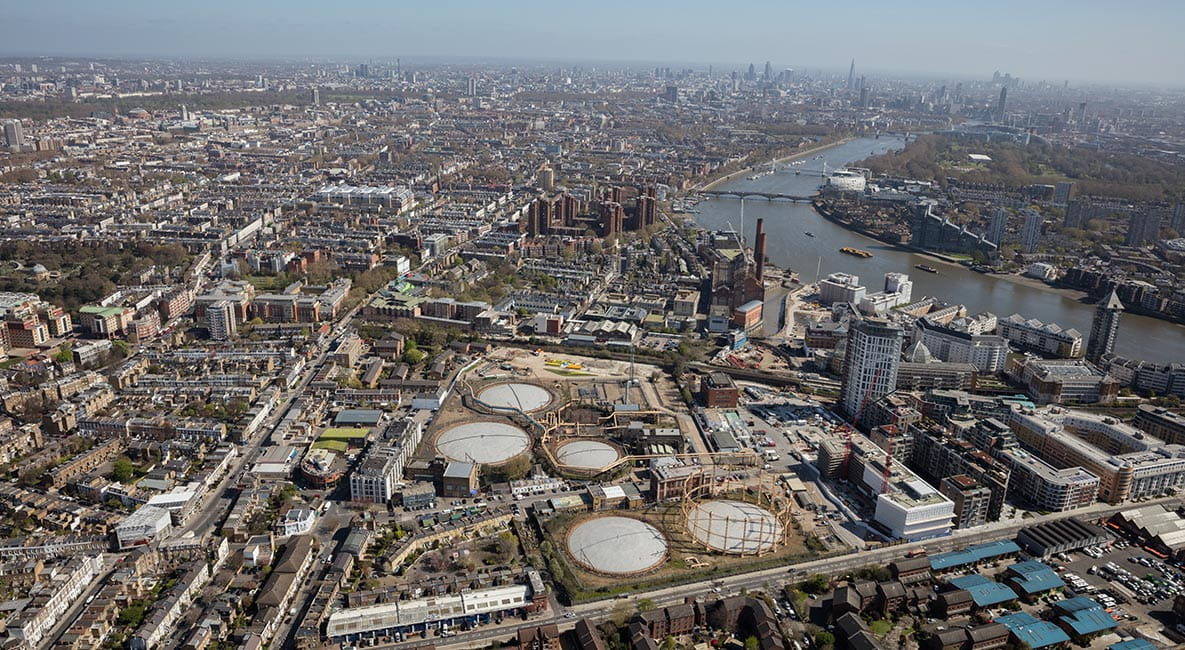 An aerial image of the Fulham Gasworks