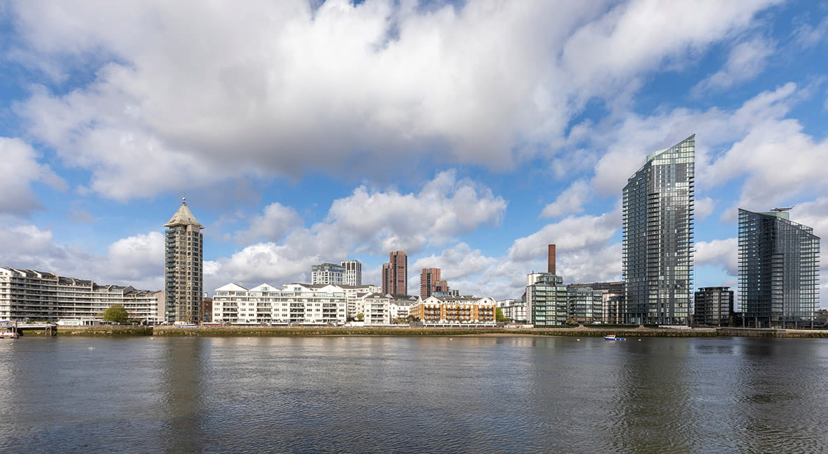 A wide shot of London next to the River Thames