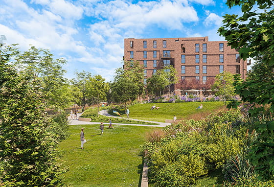 An exterior CGI image of the proposed buildings at the Bath Gasworks - showing the green space which will be available