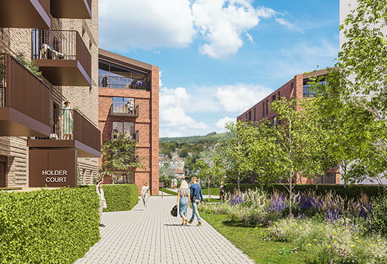 An exterior CGI image of the proposed buildings at the Bath Gasworks