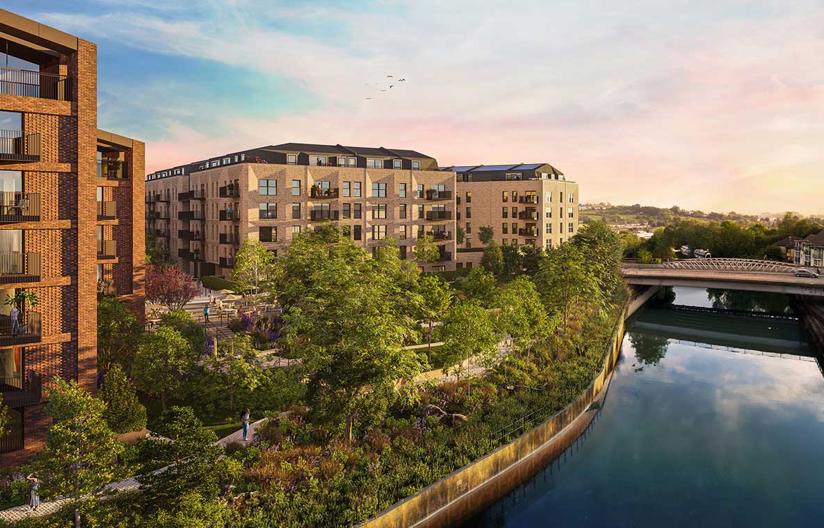 An exterior CGI image of the proposed buildings at the Bath Gasworks - showing the buildings by the river and bridge
