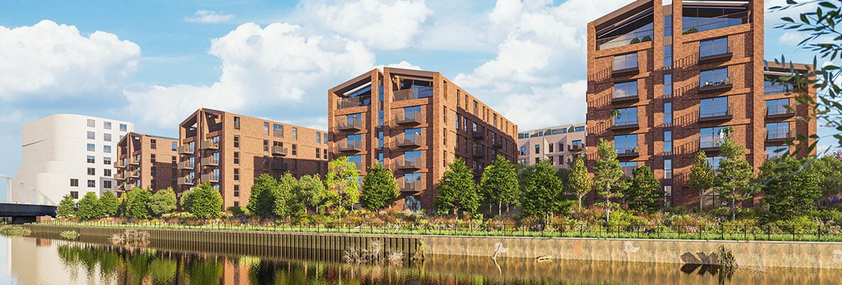 An exterior CGI image of the proposed buildings at the Bath Gasworks - showing the buildings by the river