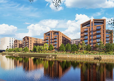 An exterior CGI image of the proposed buildings at the Bath Gasworks - showing the buildings by the river