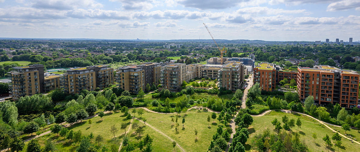 An image of a brownfield regeneration development, Kidbrooke Village, with vast open green space