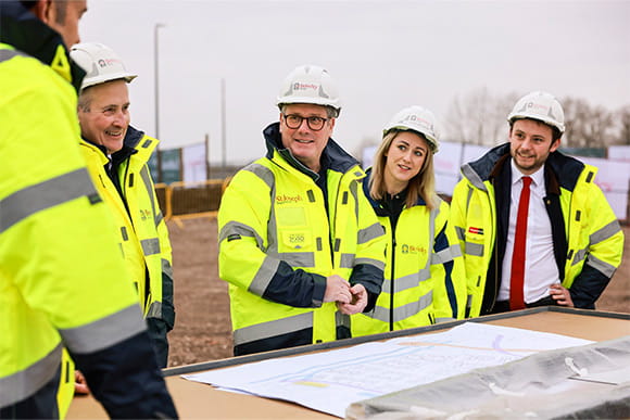 Prime Minister Keir Starmer visits a construction site near Milton Keynes.