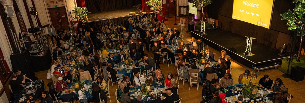 An photograph taken looking down at the ceremony