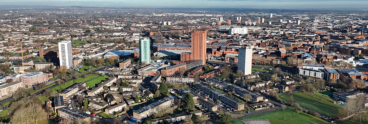 A wide high view of the Ladywood Regeneration in Birmingham