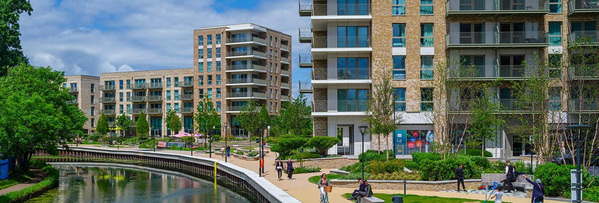 An exterior photograph of Grand Union with views along the Canalside Piazza