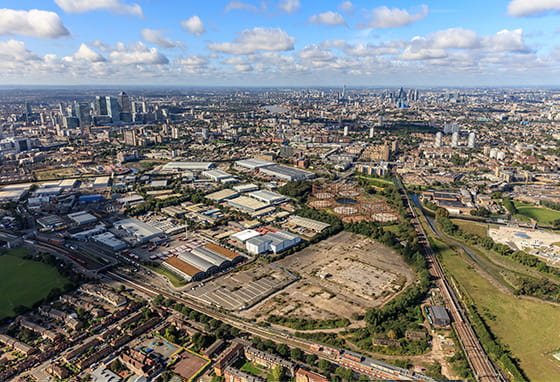 An aerial image of the TwelveTrees Park development land before work