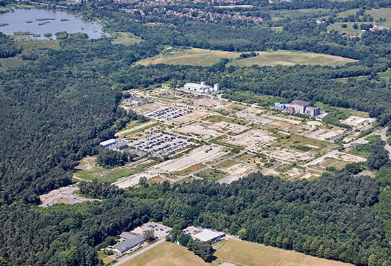 An exterior aerial image of the Hartland Village development area before building