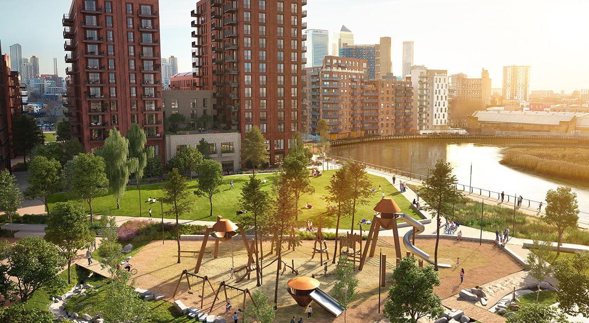 An image of Heron Wharf's riverside park