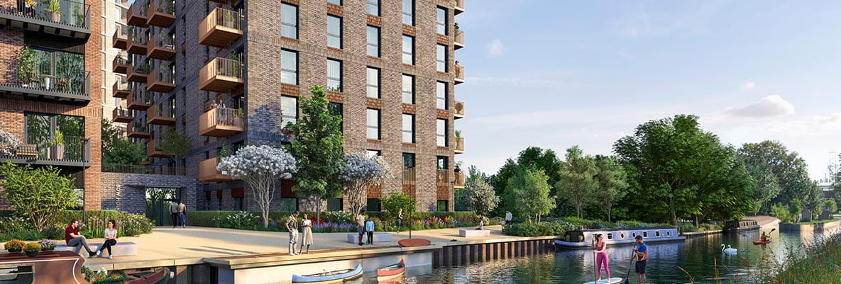 An exterior CGI of Peninsula House at Grand Union during the day