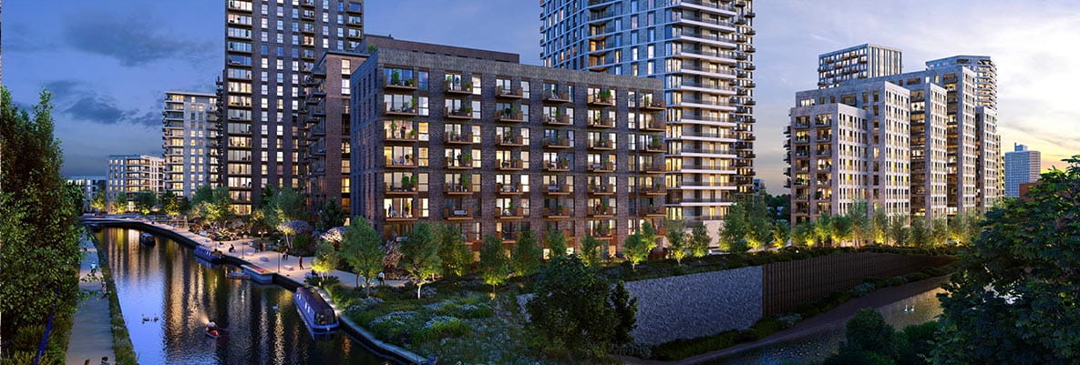 An exterior CGI of Peninsula House at Grand Union at dusk