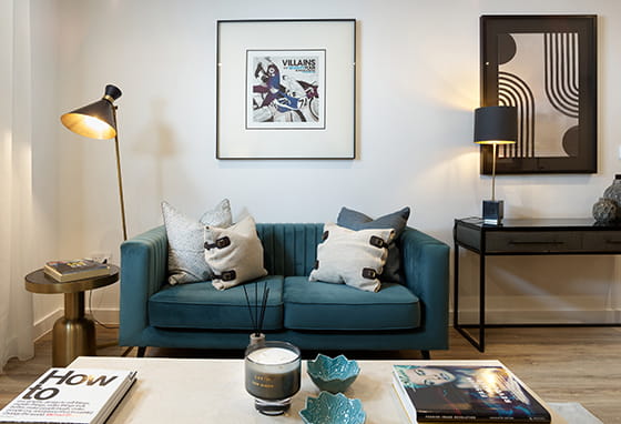 London Dock apartment living area with teal sofa
