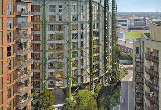 An exterior photograph of The Halo at Oval Village