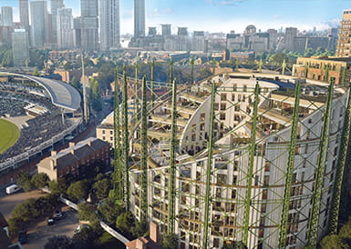 An exterior CGI showing The Halo at Oval Village looking over The Kia Oval