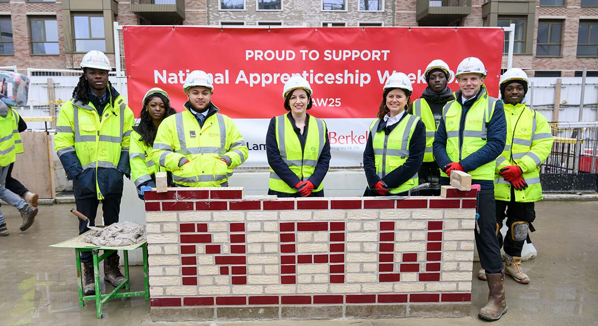 An image of Berkeley apprentices and staff with the Secretary of State for Education at Oval Village