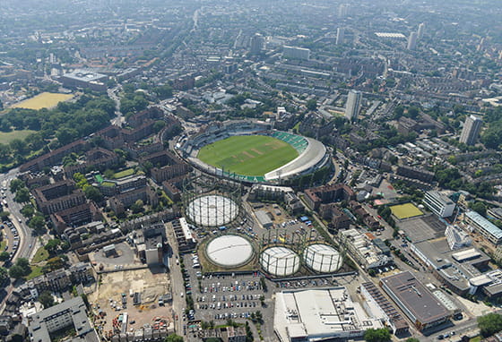 An aerial photograph of the Oval Village development before work started