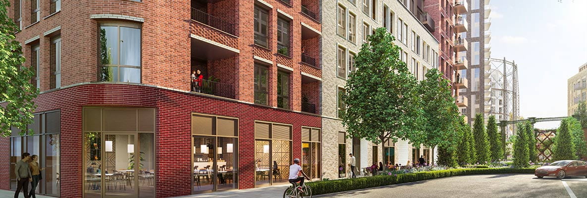 An exterior CGI of the affordable properties at Oval Village