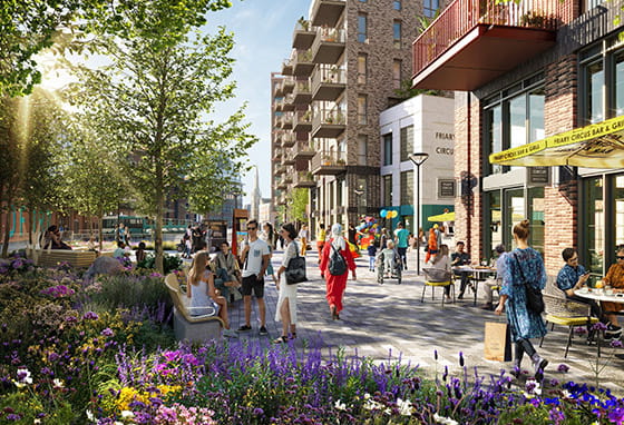 An exterior CGI of a building at North Street with lots of greenery around