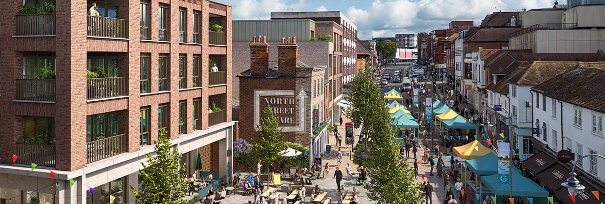 An exterior CGI of North Street looking up the street
