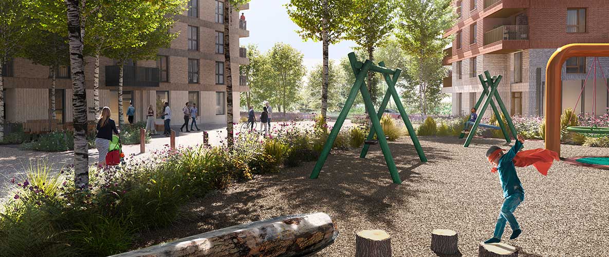 An exterior CGI to the entrance of the Stratford Gasworks development