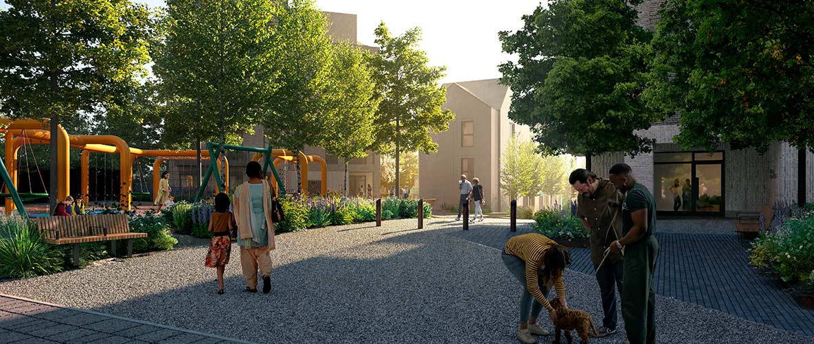 A exterior CGI of the proposed Stratford Gasworks Courtyard