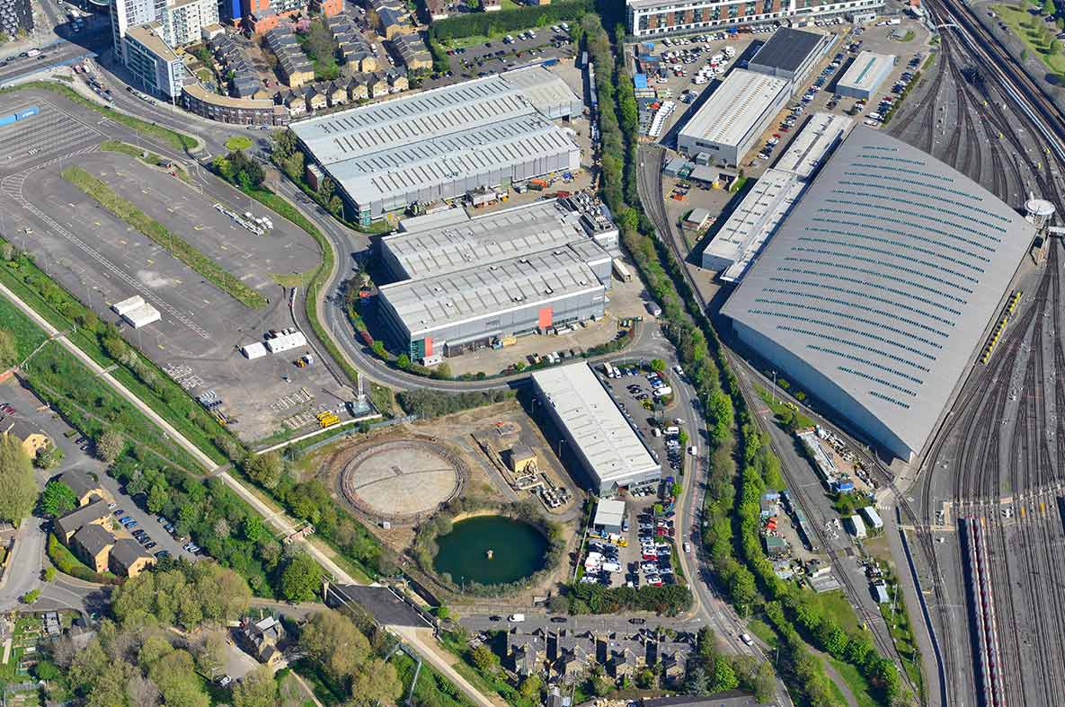 An aerial photograph of the Stratford Gasworks