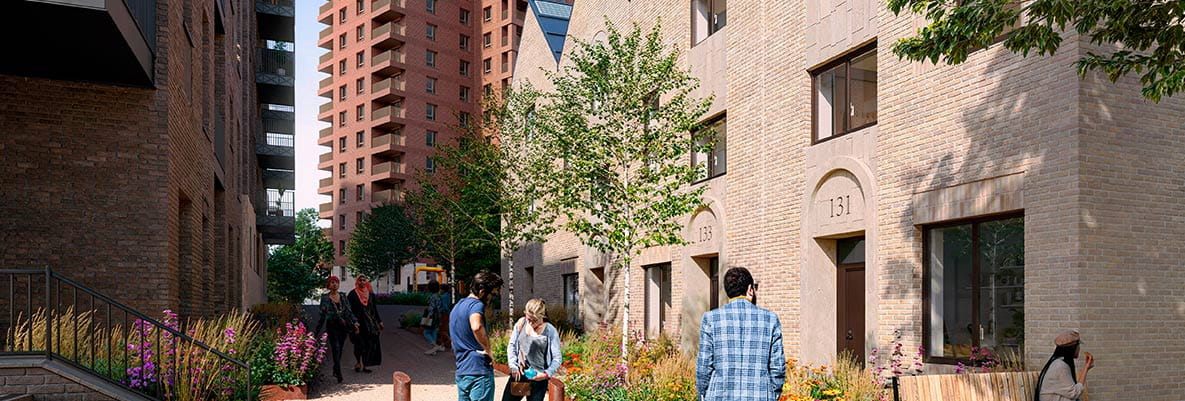 An exterior CGI of the proposed Stratford Gasworks Bazalgette Lane