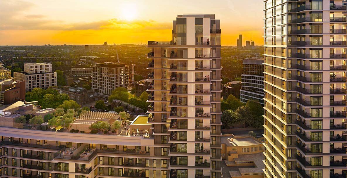 An exterior dusk image of buildings at White City Living