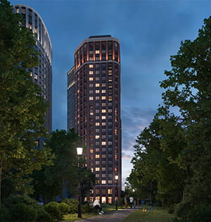 Trillium apartments exterior in the evening