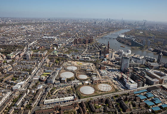 An old aerial shot of Fulham Gasworks