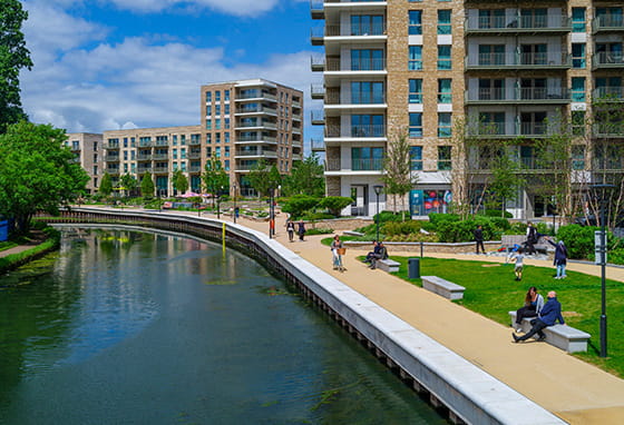 An exterior photograph of the Grand Union development looking up the canal