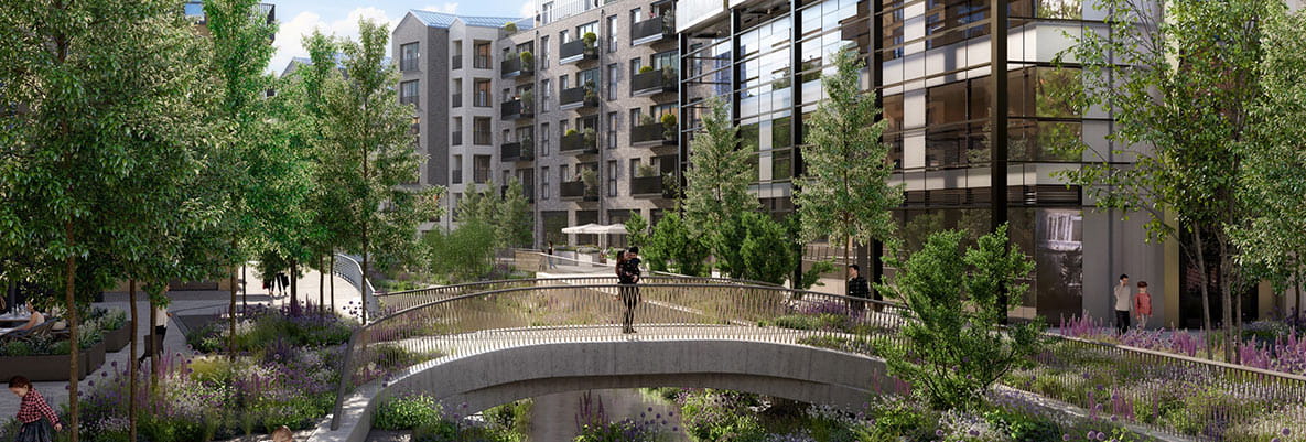 Wandsworth Mills development exterior and greenery