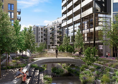 Wandsworth Mills development exterior and greenery