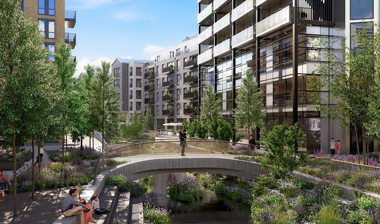 Wandsworth Mills development exterior and greenery