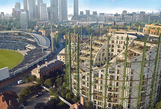 An exterior CGI of The Halo at Oval Village looking over the Kia Oval