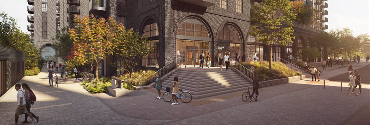 CGI of exterior front entrance of new development.